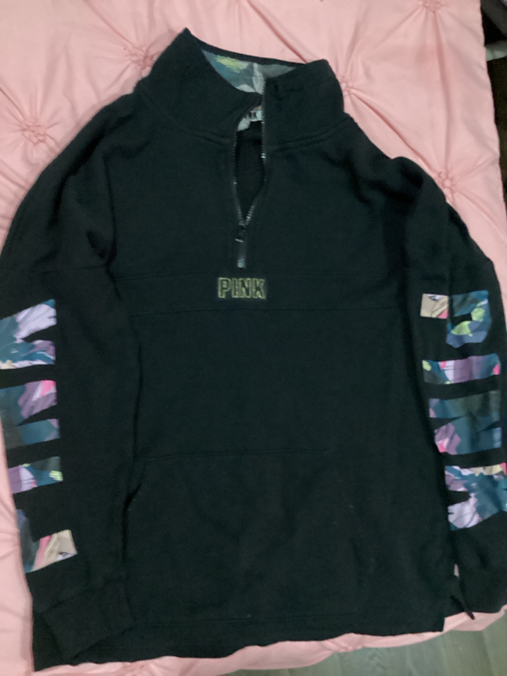 PINK Victoria's Secret Black Quarter-Zip Sweater with Floral Accent Sleeves